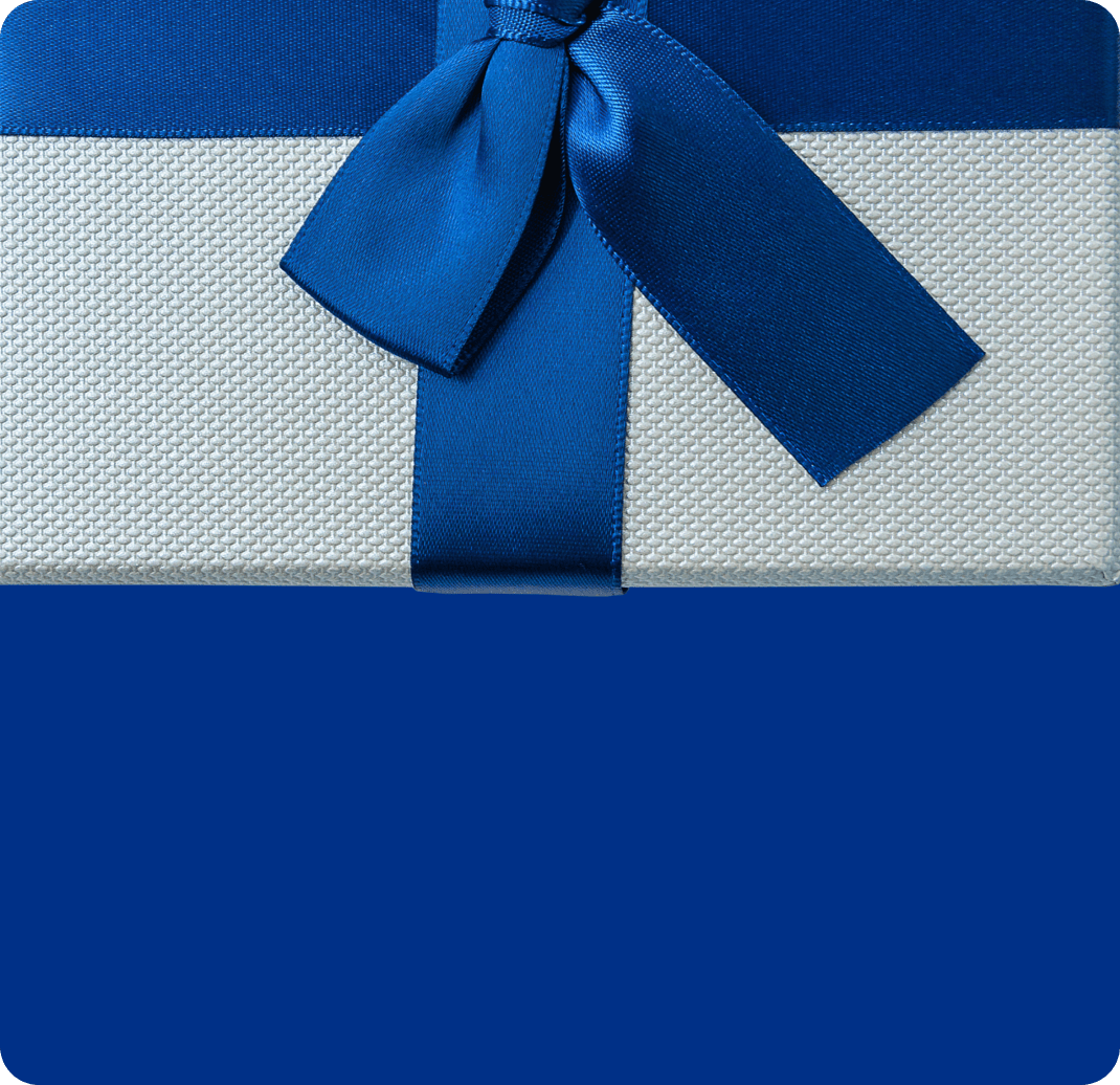 A white gift box wrapped in a blue ribbon.