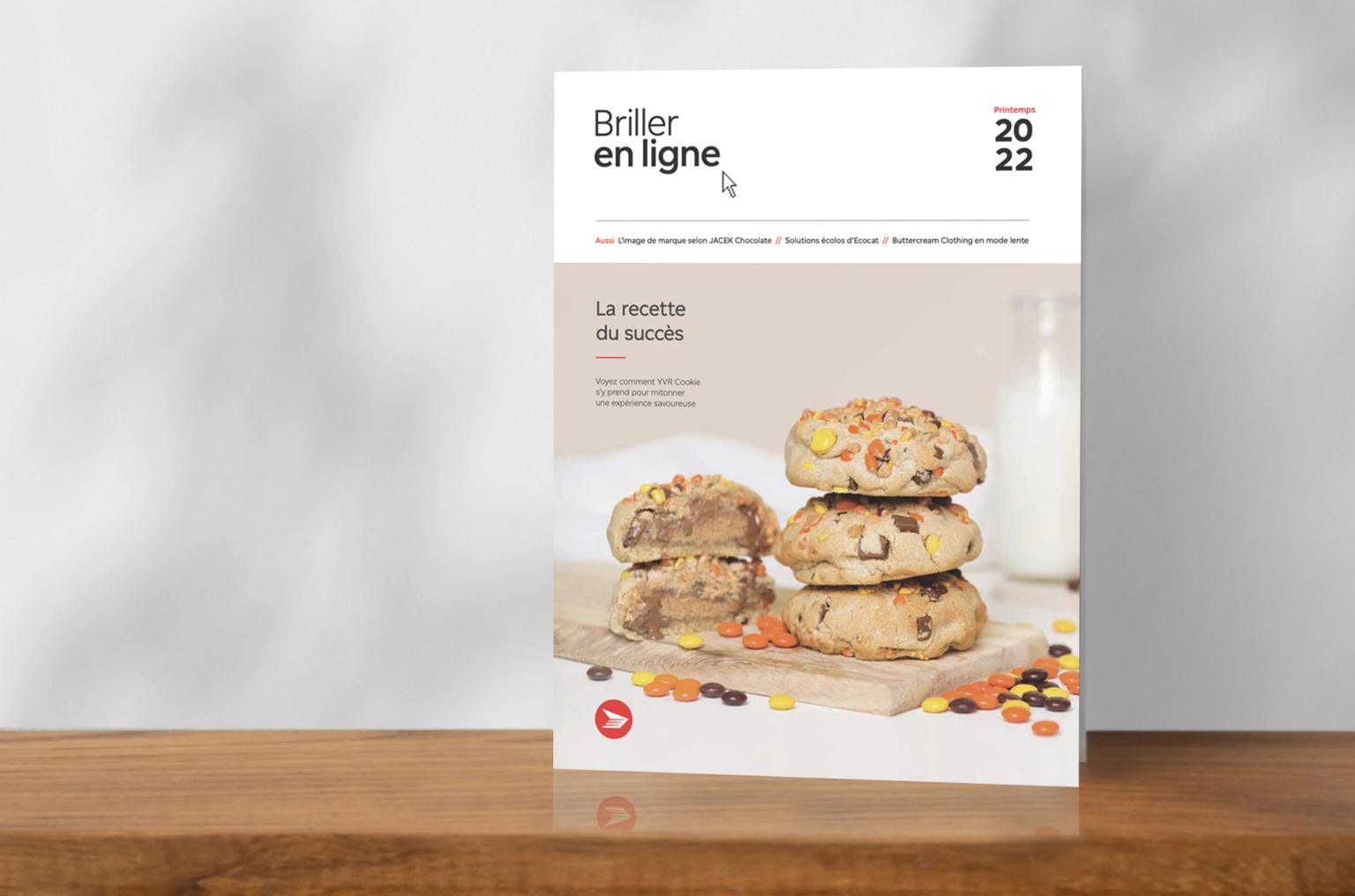 Couverture du numéro Printemps 2022 du magazine « Briller en ligne » affichant des biscuits d’ YVR Cookie empilés