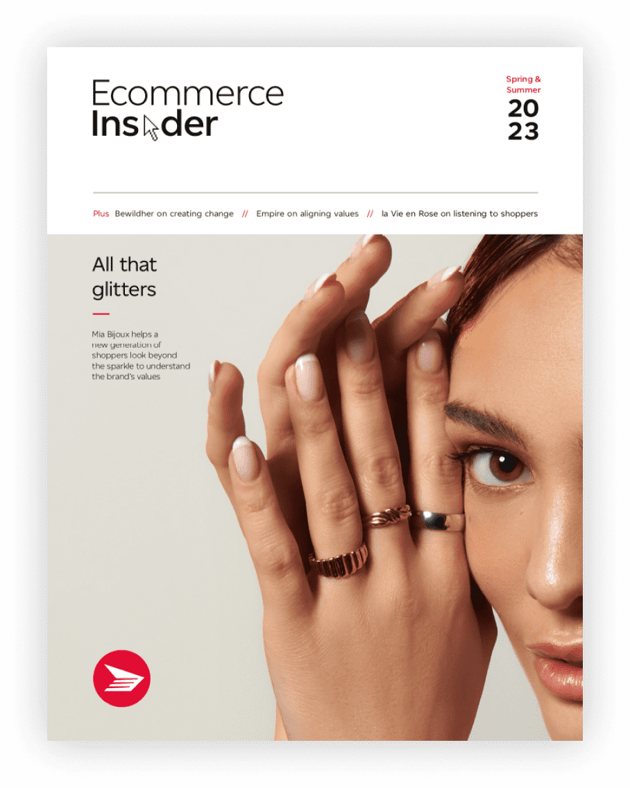 The cover of the spring/summer issue of Ecommerce Insider magazine features a woman holding her hands by her face wearing three rings.