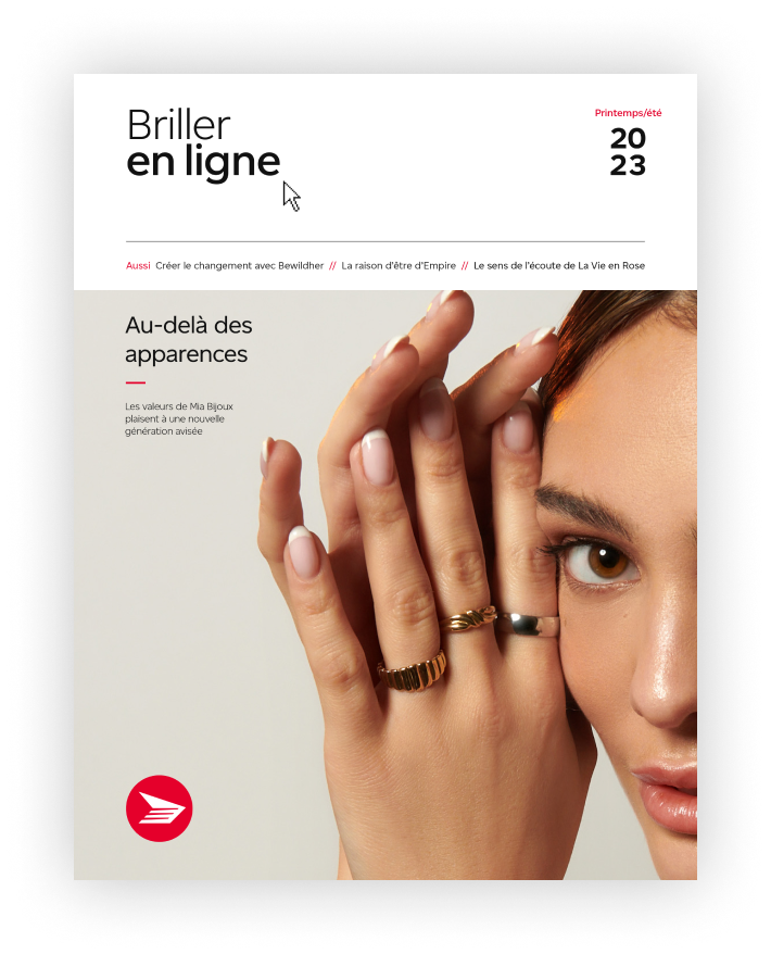 Couverture Printemps/été 2023 du magazine « Briller en ligne » montrant en plan rapproché les mains baguées d’une femme contre son visage