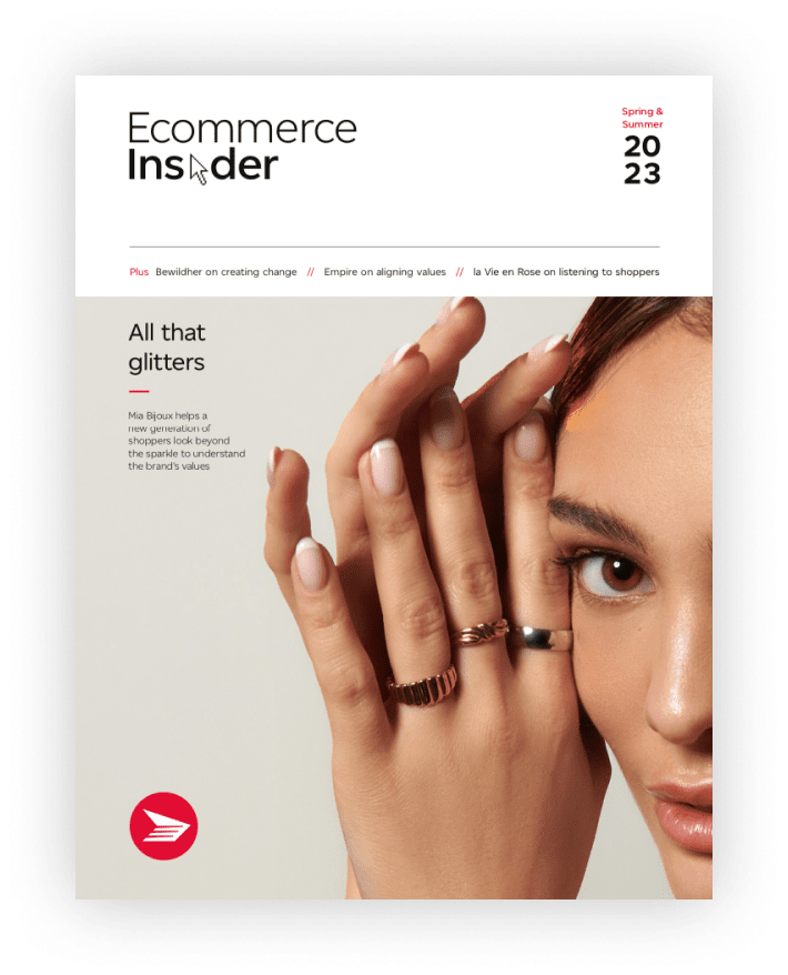 The cover of the spring/summer issue of Ecommerce Insider magazine features a woman holding her hands by her face wearing three rings.