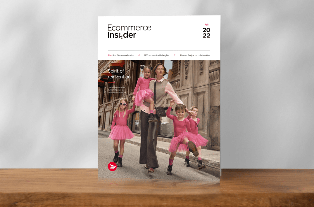 The cover of a past issue of Ecommerce Insider magazine features a chic young woman and three children who wear matching pink outfits and stand on a street together.
