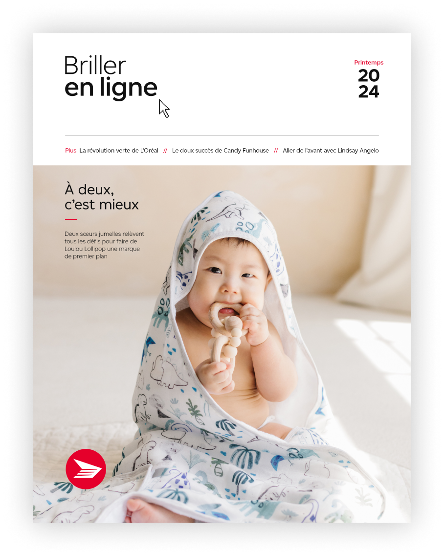 La page couverture de l’édition du printemps du magazine « Briller en ligne » sur laquelle on retrouve un mignon bébé enveloppé dans une serviette qui mâchouille un jouet.