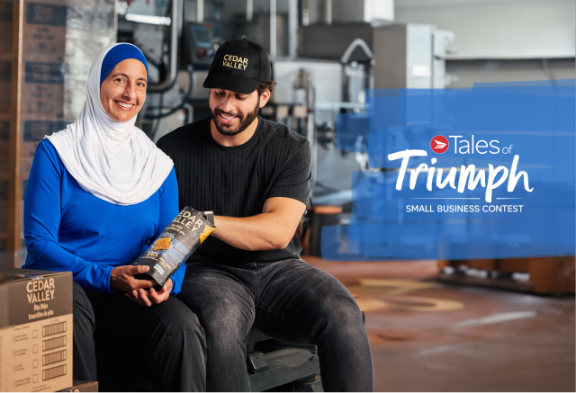 Tales of Triumph Small Business Contest” Surria Fadel and Ameen Fadel, Co-Founders, Cedar Valley, smile and eat one of their products together.