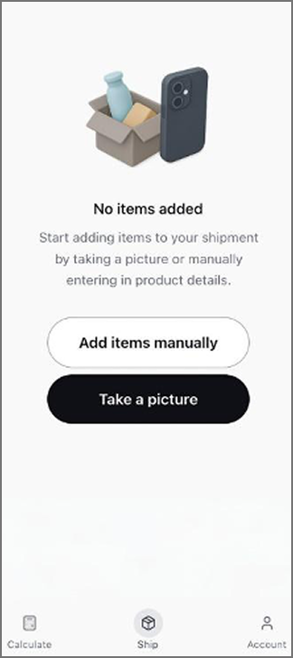 Zonos Prepay app screen with illustration of box holding vase and smartphone, prompting user to add items manually or by photo.