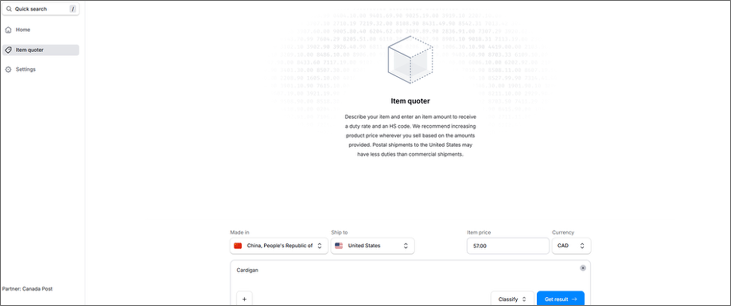 Zonos Prepay app screen showing “Item quoter” tool with guidance for estimating duties and HS codes for shipments.