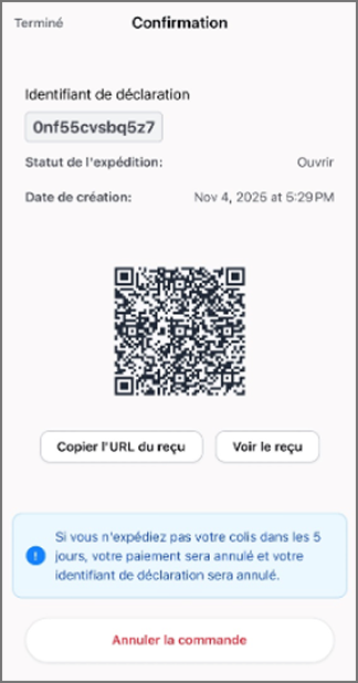 &Eacute;cran de confirmation de Zonos Prepay montrant un re&ccedil;u de droits de douane avec Identifiant de d&eacute;claration, statut de l&rsquo;exp&eacute;dition, date de cr&eacute;ation et code QR.