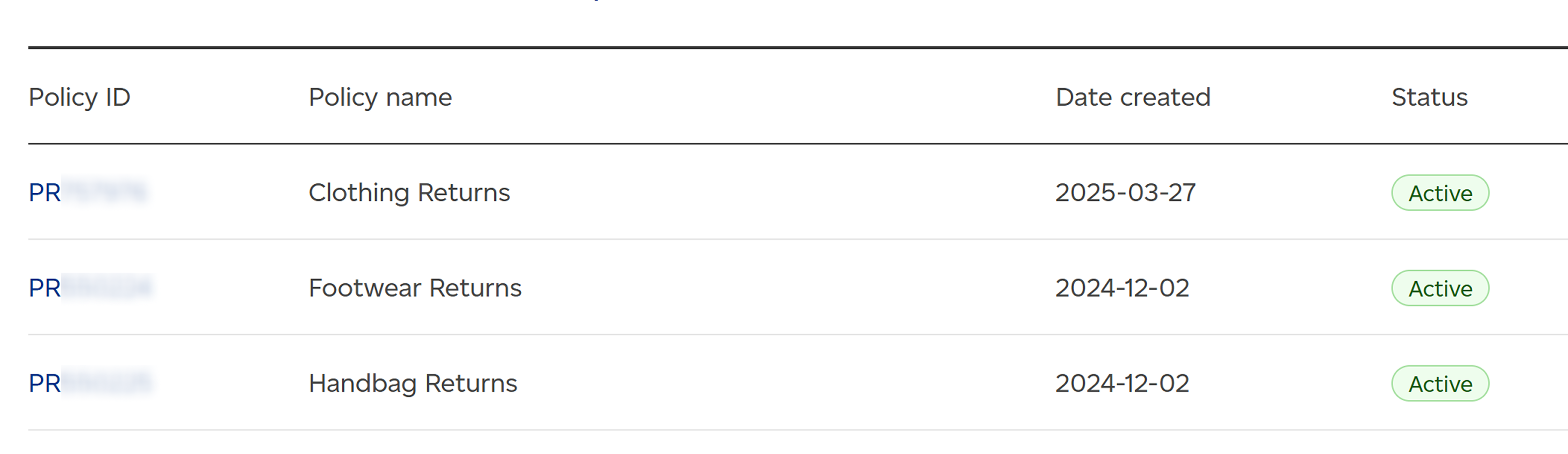 A screenshot of the policy table displaying three rows of example return policies based on product type. The columns are "Policy ID," "Policy name," "Date created," and "Status."