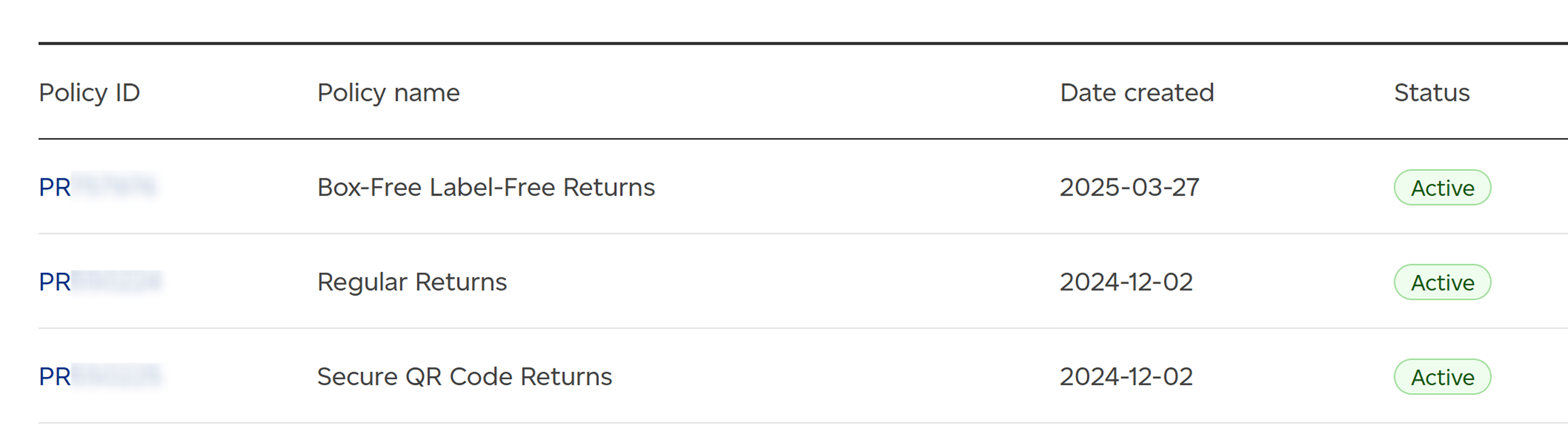 A screenshot of the policy table displaying three rows of example return policies based on return options. The columns are "Policy ID," "Policy name," "Date created," and "Status."