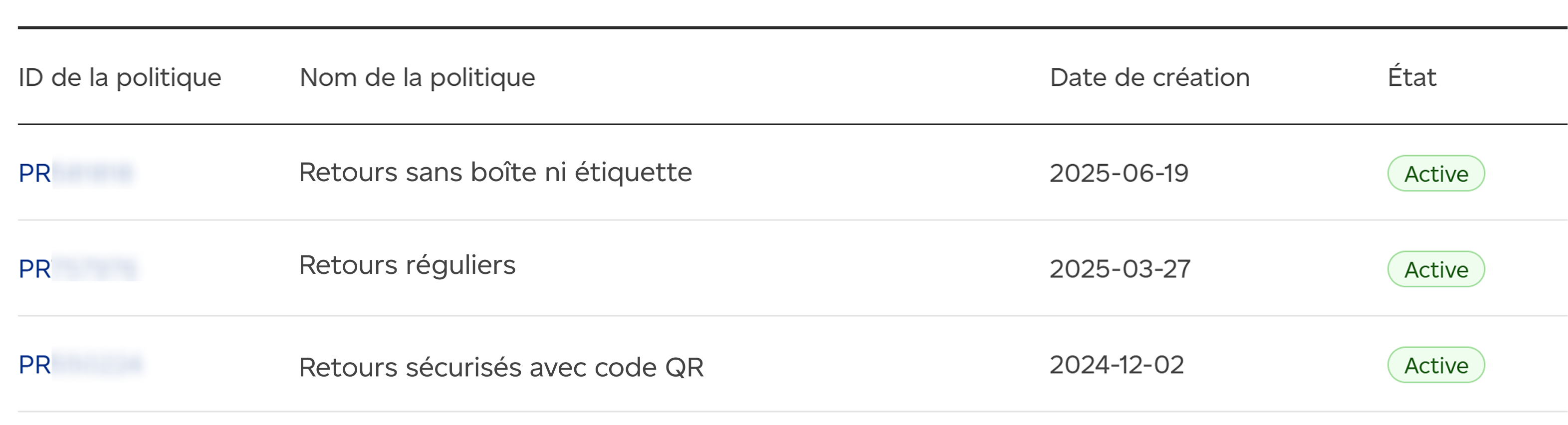 Saisie d’écran du tableau des politiques affichant trois rangées d’exemples de politiques de retour en fonction des options de retour. Le tableau comprend les colonnes « ID de la politique », « Nom de la politique », « Date de création » et « État ».