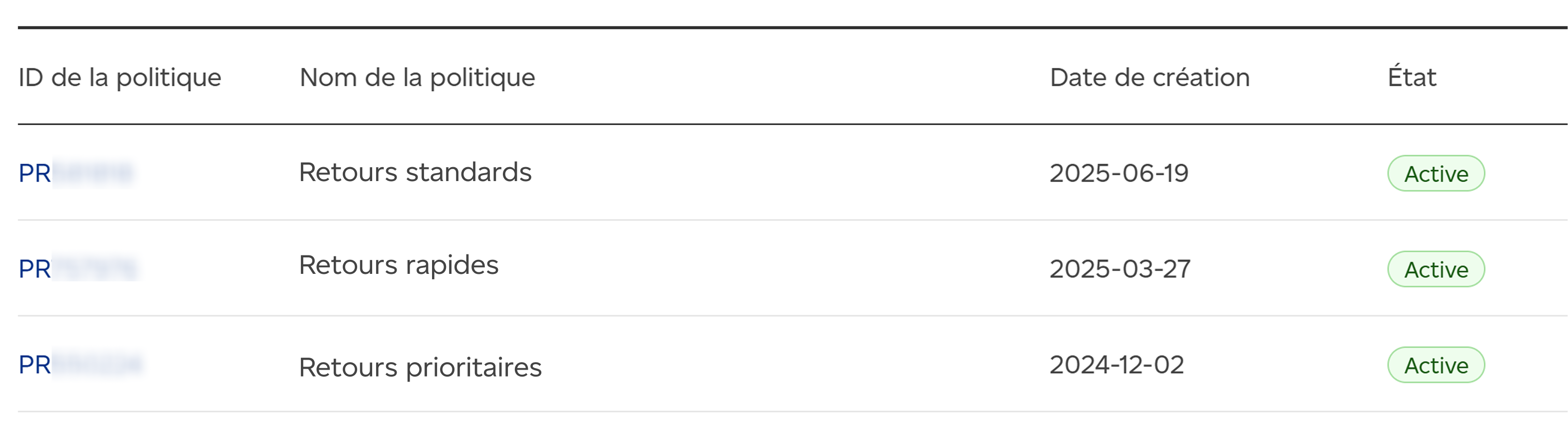 Saisie d’écran du tableau des politiques affichant trois rangées d’exemples de politiques de retour en fonction du service d’expédition. Le tableau comprend les colonnes « ID de la politique », « Nom de la politique », « Date de création » et « État ».