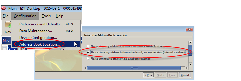 Configuration menu with &ldquo;Address book location&rdquo; and &ldquo;Please store my address information locally on my desktop (internal database)&rdquo; highlighted.