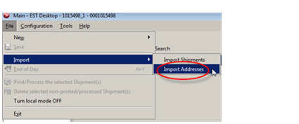 EST 2.0 navigation menu with &ldquo;File&rdquo;, &ldquo;Import&rdquo; and &ldquo;Import Addresses&rdquo; highlighted.