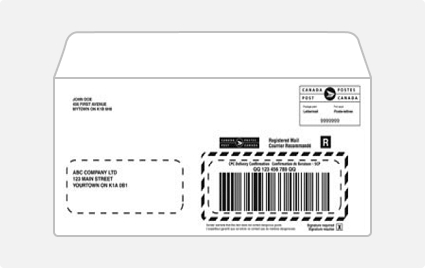 Exemple d’un code à barres personnalisé imprimé pour les envois recommandés sur une enveloppe à fenêtre double.