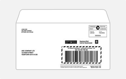 Exemple d’un code à barres personnalisé imprimé pour les envois recommandés sur une enveloppe standard.