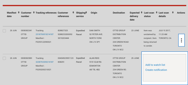 &ldquo;Actions&rdquo; 3-dot menu selected showing &ldquo;Add to watch list&rdquo; and &ldquo;Create notification&rdquo; options.