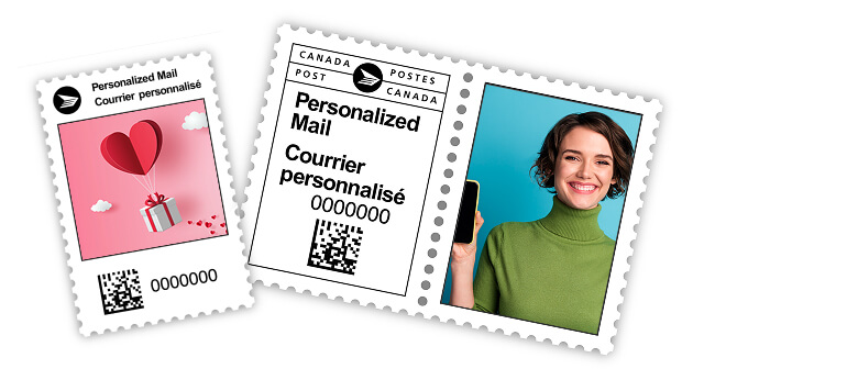 Two Personalized Mail postal indicia, one with a photo of a smiling woman and one with a pink heart and gift illustration.