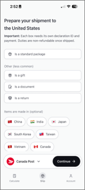 Zonos Prepay app screen showing U.S. shipment setup, with package type checkboxes and origin country flags.