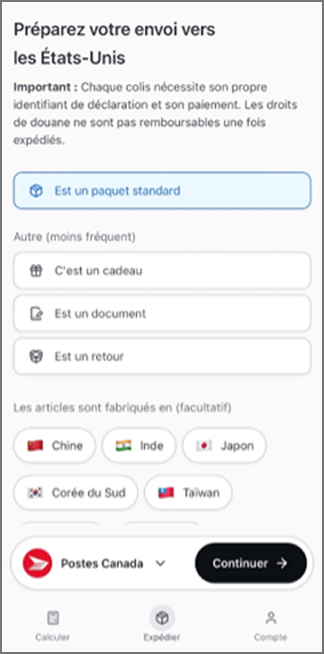 &Eacute;cran de Zonos Prepay pour un envoi vers les &Eacute;tats-Unis, avec les options pour le type de colis et les drapeaux du pays d&rsquo;origine.