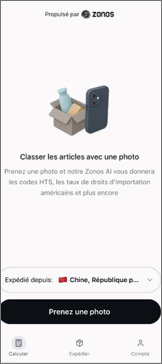 &Eacute;cran de Zonos Prepay pour l&rsquo;ajout manuel ou par photo d&rsquo;articles, avec une image d&rsquo;un vase dans une bo&icirc;te et d&rsquo;un t&eacute;l&eacute;phone.