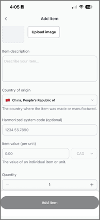 Zonos Prepay app add item screen showing image upload, description, origin (China), HS code, value, and quantity fields.