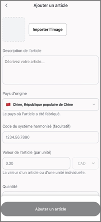 &Eacute;cran de Zonos Prepay pour l&rsquo;ajout d&rsquo;un article : t&eacute;l&eacute;chargement d&rsquo;image, description, origine (Chine), code SH, valeur et quantit&eacute;.