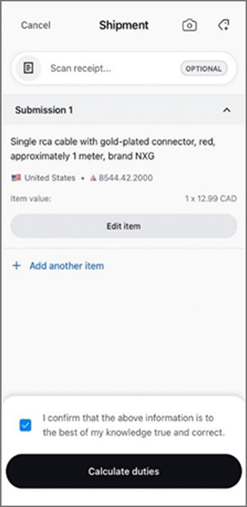 Zonos Prepay app shipment screen showing RCA cable details including origin U.S., HS code, value, and duty calculator checkbox.