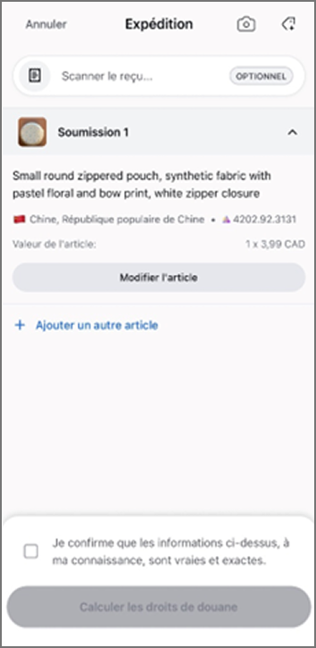 &Eacute;cran de Zonos Prepay pour un envoi : d&eacute;tails d&rsquo;un c&acirc;ble RCA, origine (&Eacute;.-U.), code SH, valeur et bouton de calcul des droits de douane.