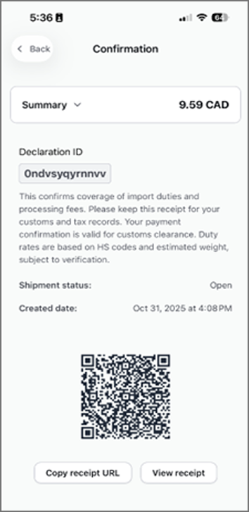 Zonos Prepay app shipment confirmation screen with declaration ID, customs QR code, and receipt options.