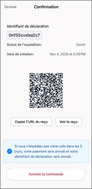 &Eacute;cran de confirmation de Zonos Prepay avec num&eacute;ro de d&eacute;claration, code QR douanier et options de re&ccedil;u.