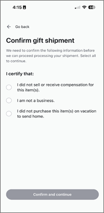 Zonos Prepay app form confirming gift shipment with checkboxes to confirm non-commercial status and a confirm and continue button.