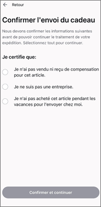 Formulaire de Zonos Prepay confirmant l&rsquo;envoi d&rsquo;un cadeau avec cases &agrave; cocher pour statut non commercial et bouton Confirmer et continuer.