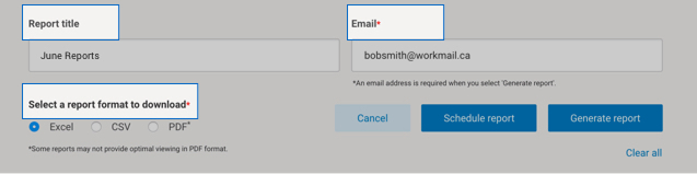 Intelligence 360 menu with fields for a report title, email address and download format fields highlighted.