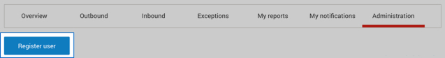 Intelligence 360 menu bar with the &ldquo;Register user&rdquo; button highlighted under &ldquo;Administration&rdquo;.