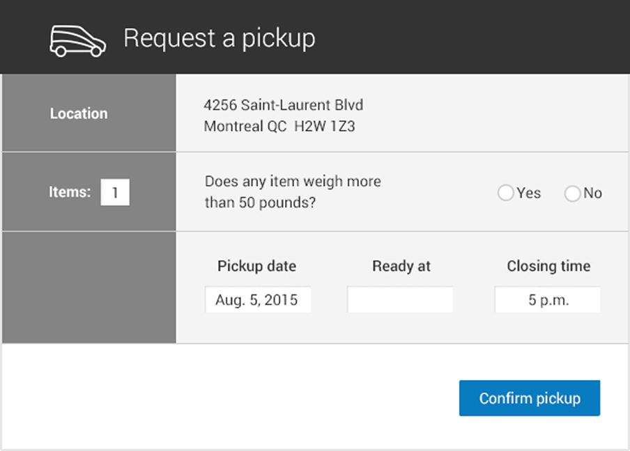 Admin panel interface showing a pickup request.