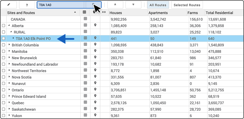 Precision Targeter tool showing where to click to see the expanded list of routes.