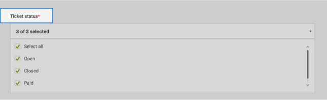 Intelligence 360 &ldquo;Ticket status&rdquo; drop down menu options.