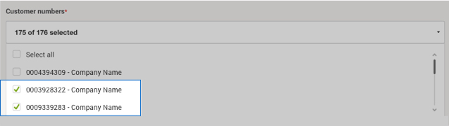 Intelligence 360 &ldquo;Customer numbers&rdquo; drop down list.