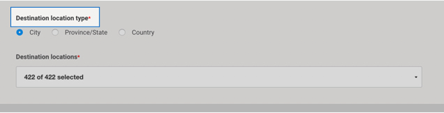Intelligence 360 menu with field for &ldquo;Destination location type&rdquo; highlighted.