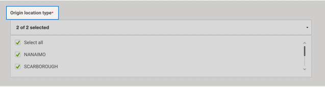 Intelligence 360 menu with field for &ldquo;Origin location type&rdquo; highlighted.