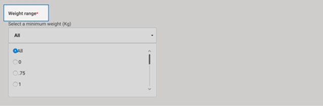 Intelligence 360 menu with field for &ldquo;Weight range&rdquo; highlighted.