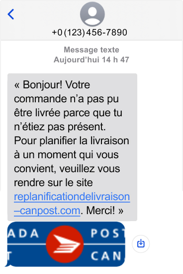 Message texte frauduleux semblant provenir de Postes Canada; le numéro de provenance, la grammaire et le lien sont suspects