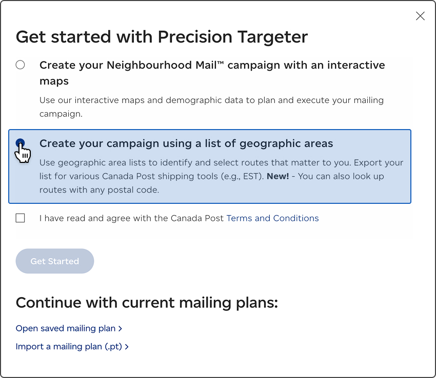 Precision Targeter tool with the &ldquo;Create your campaign using a list of geographic areas&rdquo; option highlighted.