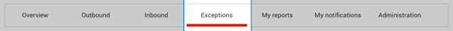 Intelligence 360 menu with &ldquo;Exceptions&rdquo; option highlighted.