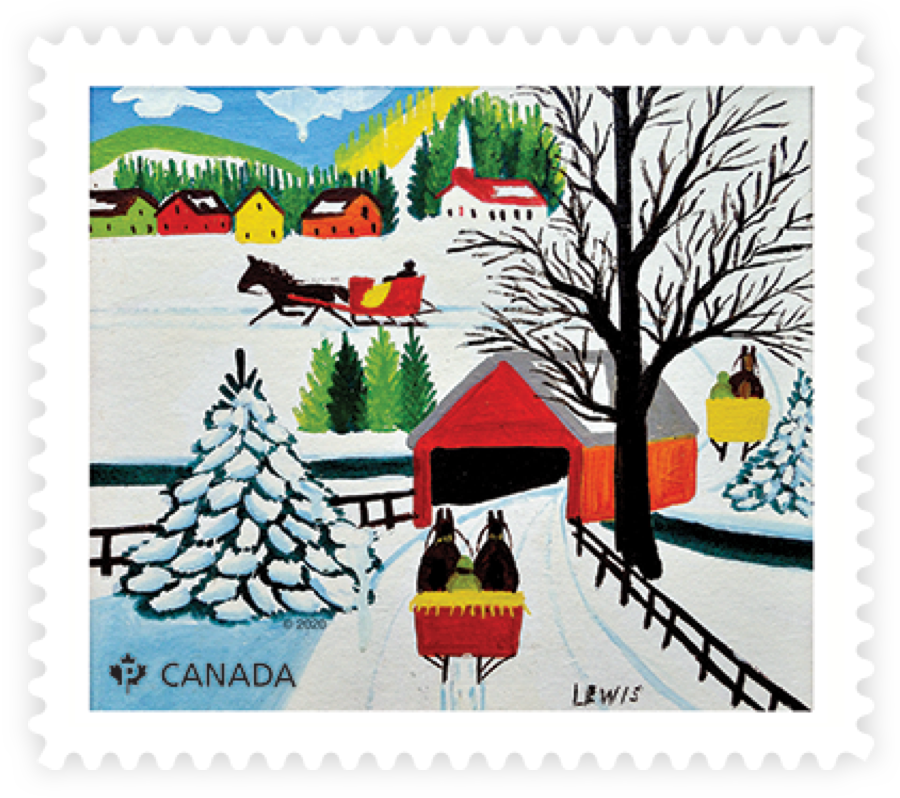 A Canada Post stamp featuring the painting titled Winter Sleigh Ride by folk artist Maud Lewis.