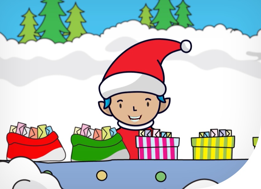 An elf watches over a conveyor belt of gifts in the North Pole.