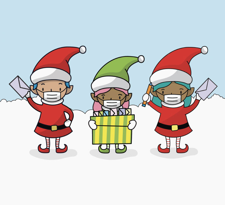 3 elves wearing face masks hold letters to Santa Claus at the North Pole.