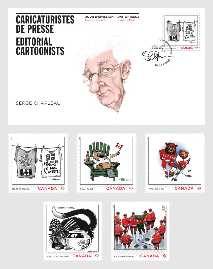 L’émission de timbres sur les caricaturistes de presse mettant en vedette des illustrations de Serge Chapleau, Brian Gable, Terry Mosher, Duncan Macpherson et Bruce MacKinnon