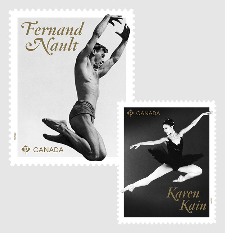 The 2021 Canadian Ballet Legends stamp issue from Canada Post. The two black and white stamps feature dancers Fernand Nault and Karen Kain.