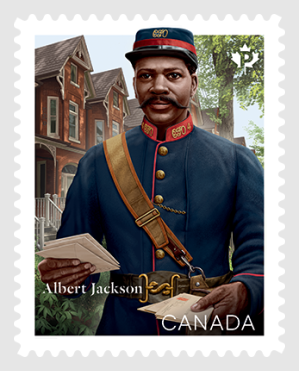 Le timbre commémoratif à l’effigie d’Albert Jackson présente une illustration de ce dernier portant son uniforme de facteur et tenant des enveloppes.
